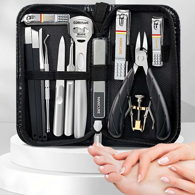 14-piece stainless steel pedicure kit with storage case, suitable for both home and salon use. Ideal for men and women.