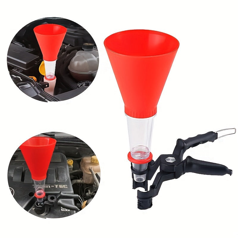 Universal funnel set for car engine oil filling, featuring adjustable width holding clamp and PVC plastic construction for versatile and efficient oil pouring.