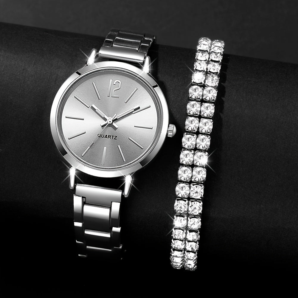 6pcs set of chic stainless steel quartz watch with rhinestone bracelet - ideal gift for Valentine's, Easter, birthdays, and more.