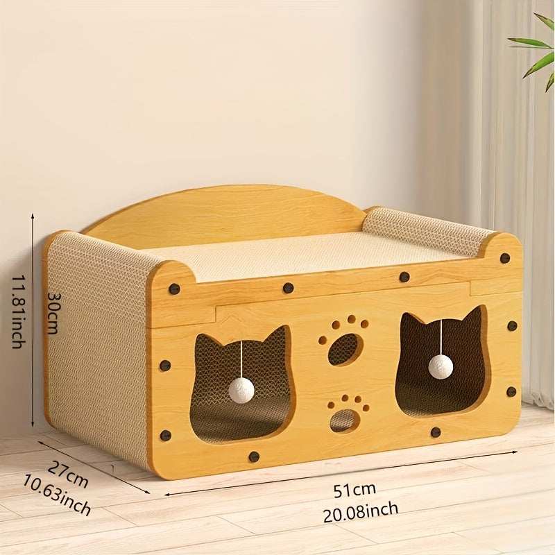 Durable 2-in-1 cat scratcher and lounge bed made from cardboard with hanging toys for interactive play.