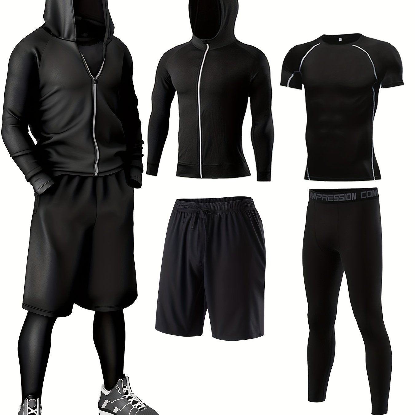 Polyester and elastane blend athletic set includes crew neck hoodie and skinny fit bottoms for running, fitness, cycling, and outdoor activities.