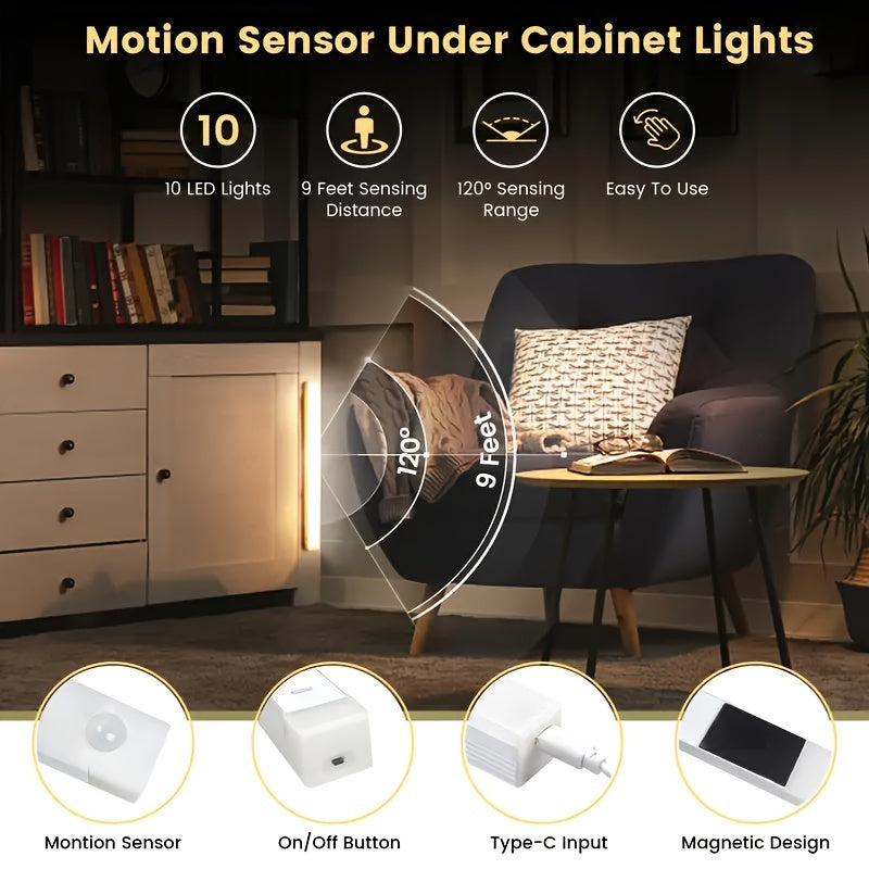 5 Pack LED motion sensor lights with USB rechargeable batteries for wireless undercounter illumination in hallways, kitchens, stairs, and wardrobes. Suitable for home decoration.