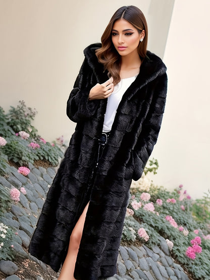 Women's winter coat made with faux sheepskin hood and imitation water mink fur, features a slimming fit, long hood, and plush black faux mink material for warmth.