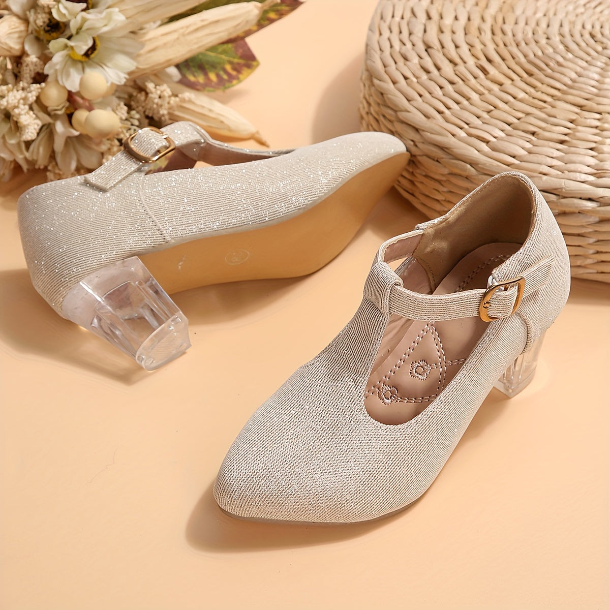 New Crystal Embroidered Flower High-heeled Shoes for Women and Children in Spring and Autumn.