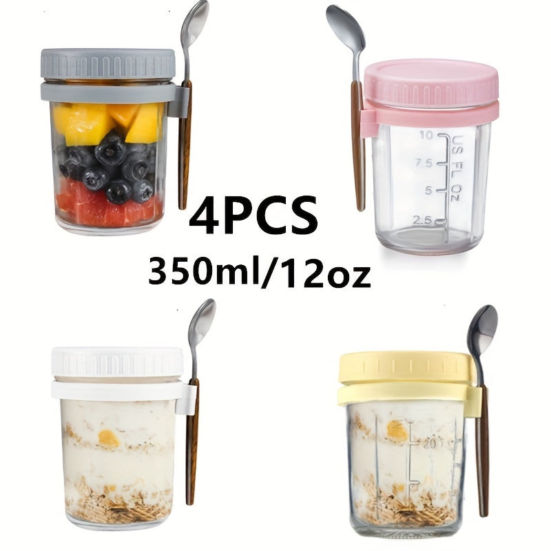 Four pieces of leak-proof storage containers for overnight oats, complete with lids and spoons. These reusable 12 oz glass Mason jars are perfect for storing milk, cereal, fruit, and yogurt. The large capacity airtight jars are essential kitchen