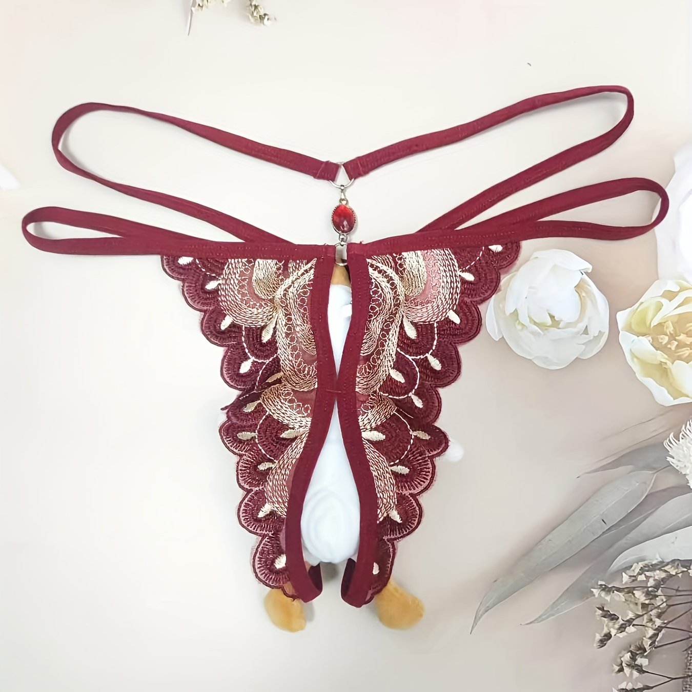 1pc Sexy Purple & Golden Butterfly Embroidery Thong - Elegant Low-Rise Lace Panties with Bow Detail, Breathable Polyester Blend, Hand Washable - Romantic Lingerie