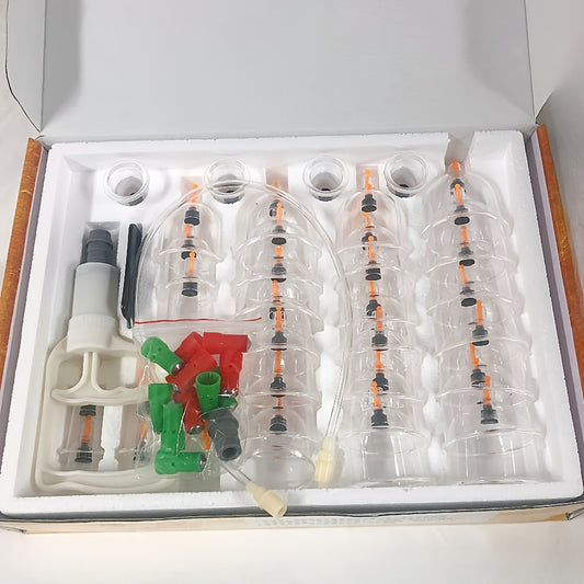 Home use vacuum cupping set with 32 suction cups.