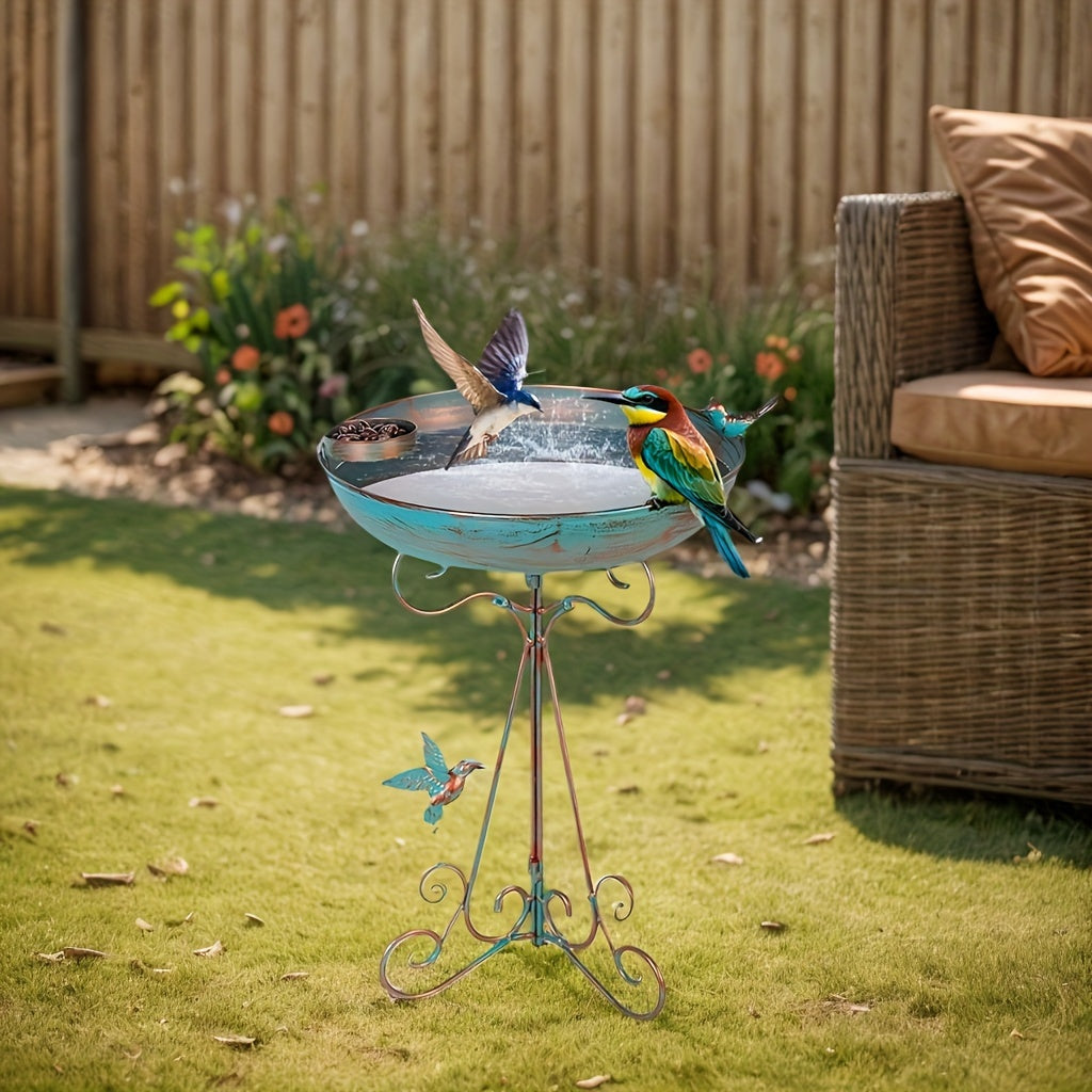 Vintage bird bath stand with 12-inch metal bowl and detachable folding iron base for outdoor use as a bird feeder station.