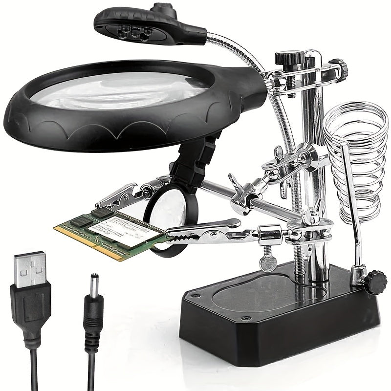 LED lighted magnifying station with 2.5X, 7.5X, and 10X magnification, perfect for soldering and crafting. Includes clamp and alligator clips for easy use on desktop. Ideal for jewelry