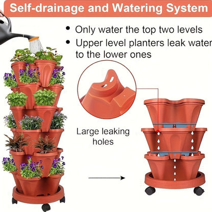 1 комплект из 6-уровневых штабелируемых горшков с 18 частями, изготовленных из прочного пластика с подвижными колесами и инструментами. Идеально подходит для выращивания цветов, трав, клубники и овощей в помещении или на улице.