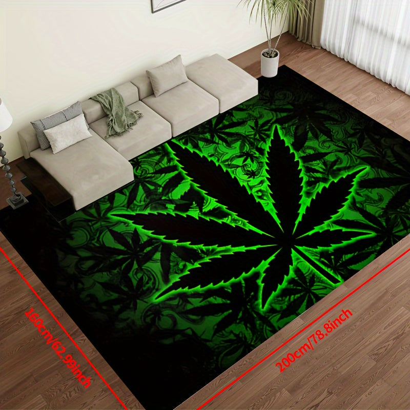 Illuminate your space with Black Background Fluorescent Marijuana Leaves this Halloween with our 1000g/m² Thick Felt Rug. Available in various sizes (15x23/19x31/31x47/39x59/47x63/63x78inches), this machine washable polyester rug is suitable for both