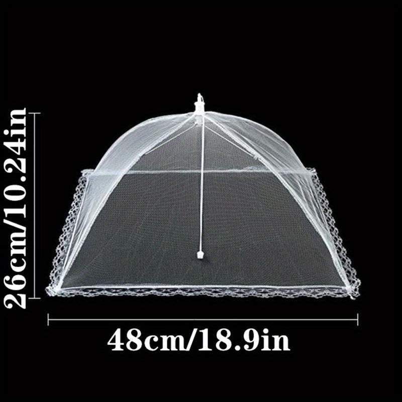 Stay protected from dust, flies, and mosquitoes with our convenient Foldable Umbrella-Shaped Food Tent Cover. Featuring a stylish lace design, this collapsible and portable anti-mosquito mesh cover is perfect for use at home, while camping, or in