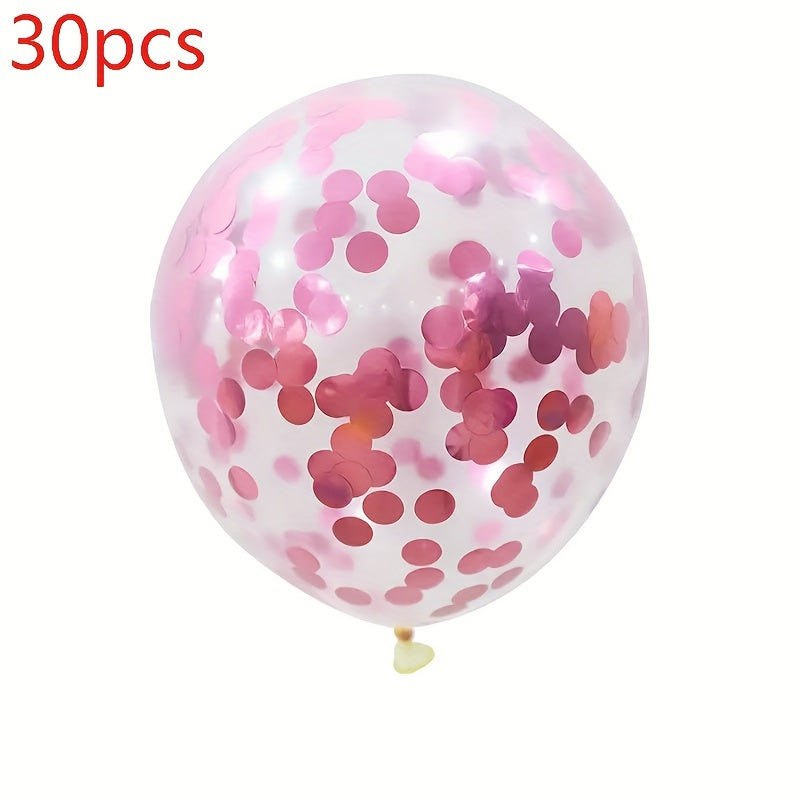 30 golden confetti latex balloons with golden paper dots, perfect for party decorations.