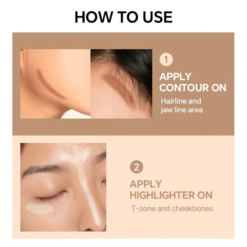 Dual-headed contouring stick for highlighting and shading to create a three-dimensional V-shaped nose shadow and high nose effect.