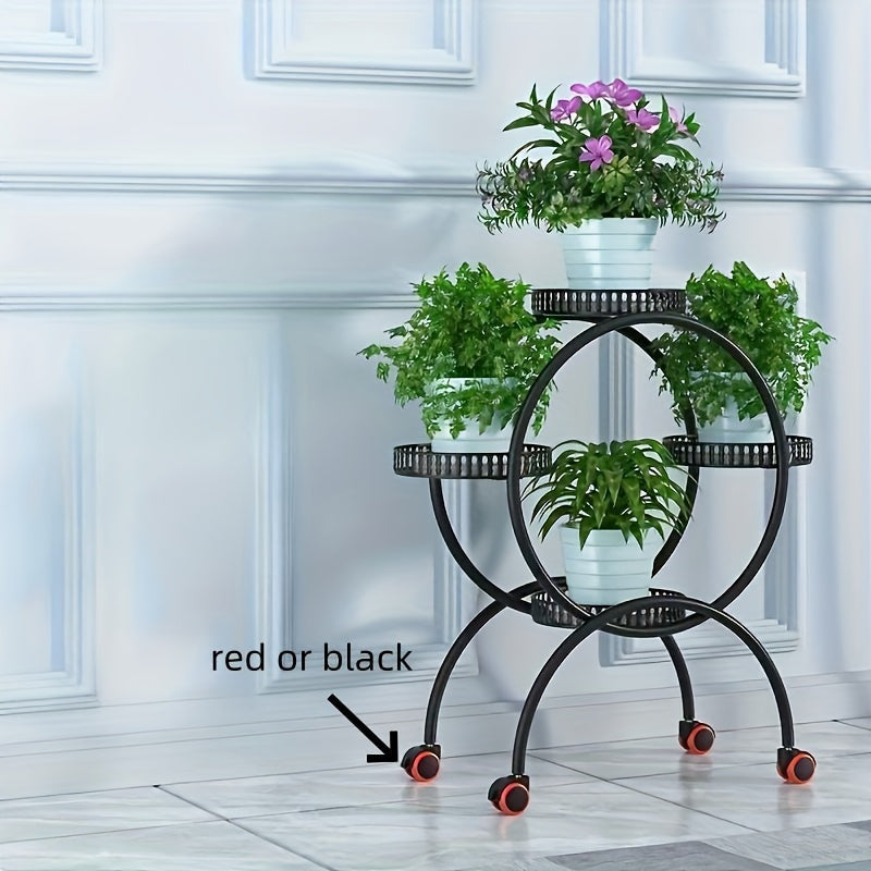 European-style metal hanging plant stand with wheels, multi-level mobile planter rack, circular design for indoors and outdoors.