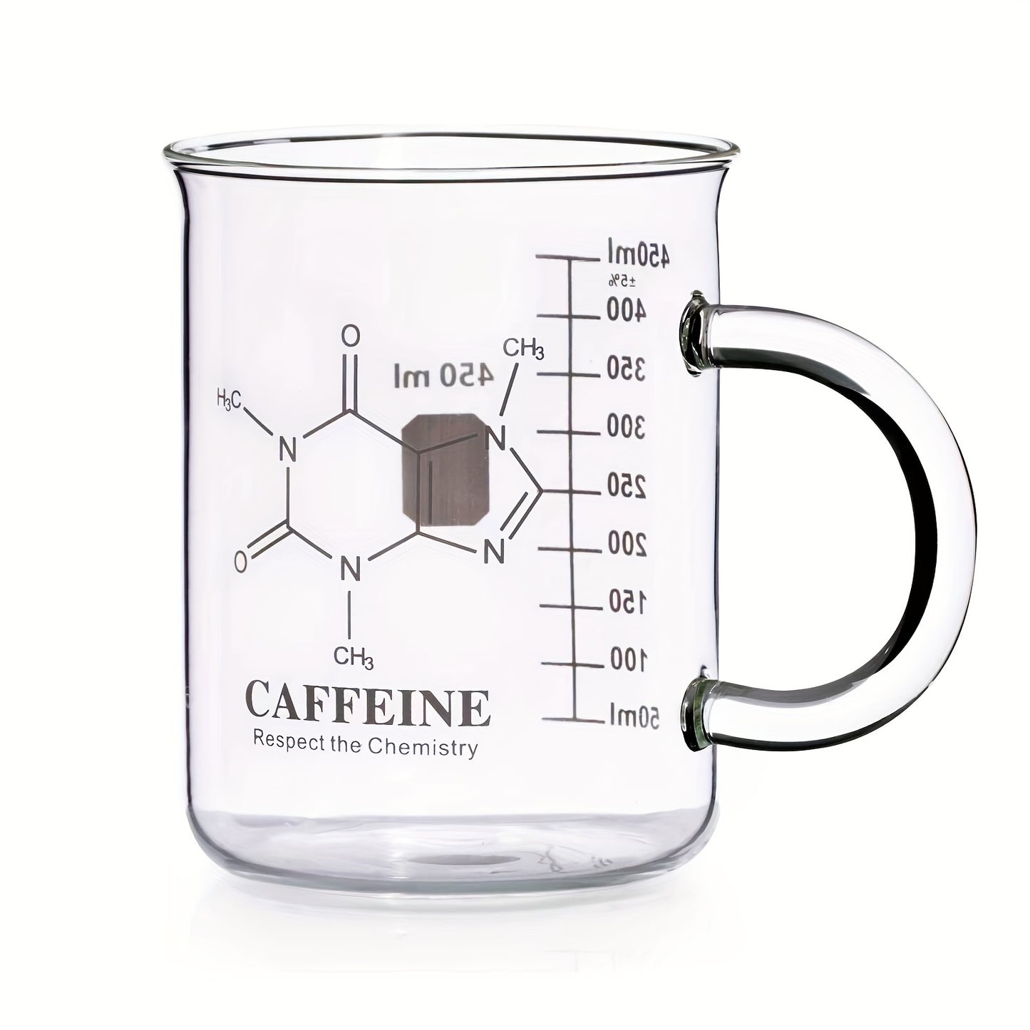 16 oz insulated glass coffee mug with handle and measuring markings, suitable for hot and cold beverages. Hand wash only.