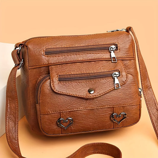 Brown Crossbody Bag with Adjustable Strap, Multiple Compartments, Heart Studs - Lightweight and Versatile