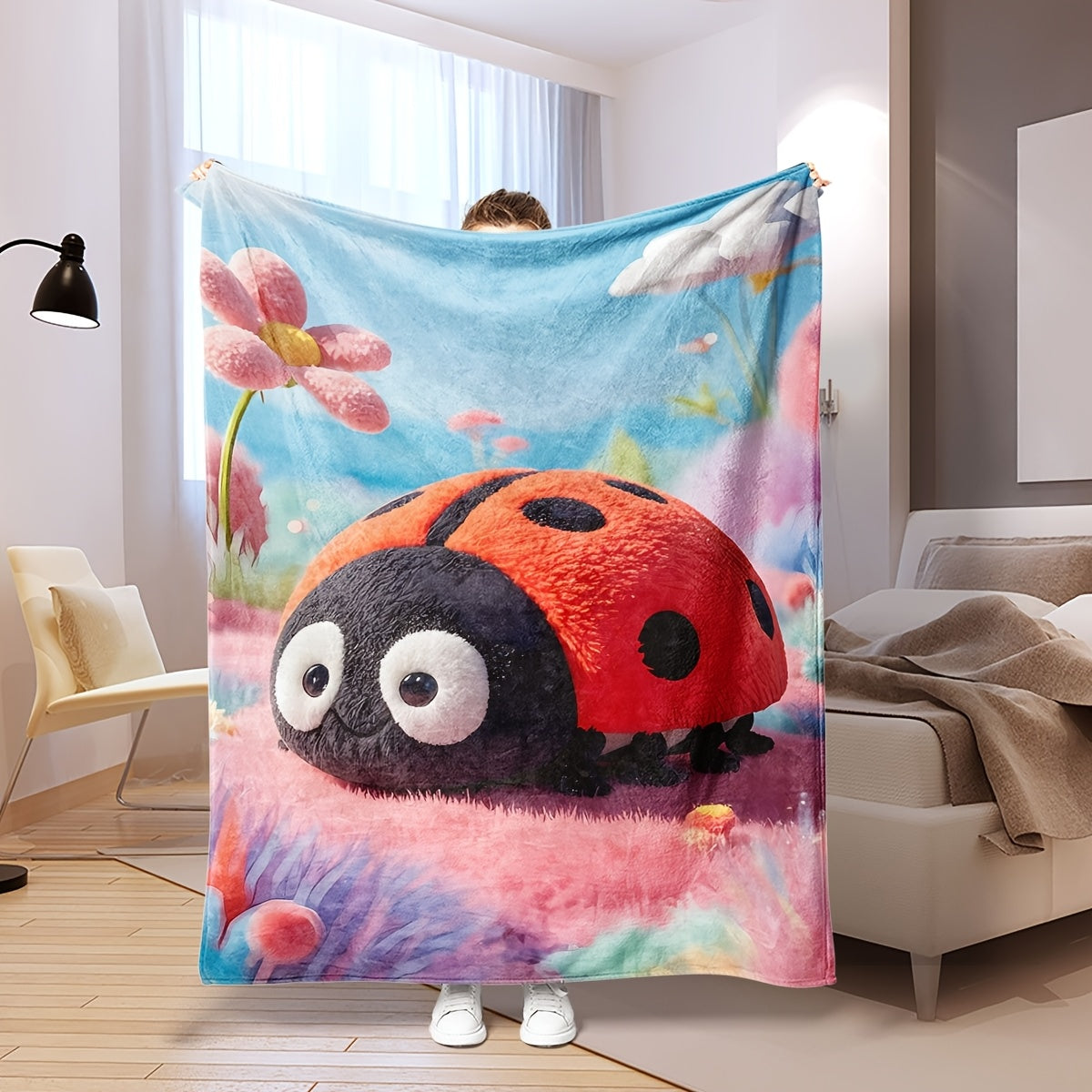 Modern Ladybug Design Plush Throw Blanket - Versatile All-Season Knit Blanket for Home and Travel - Made of Soft Polyester, Easy to Clean and Perfect Gift for Kids