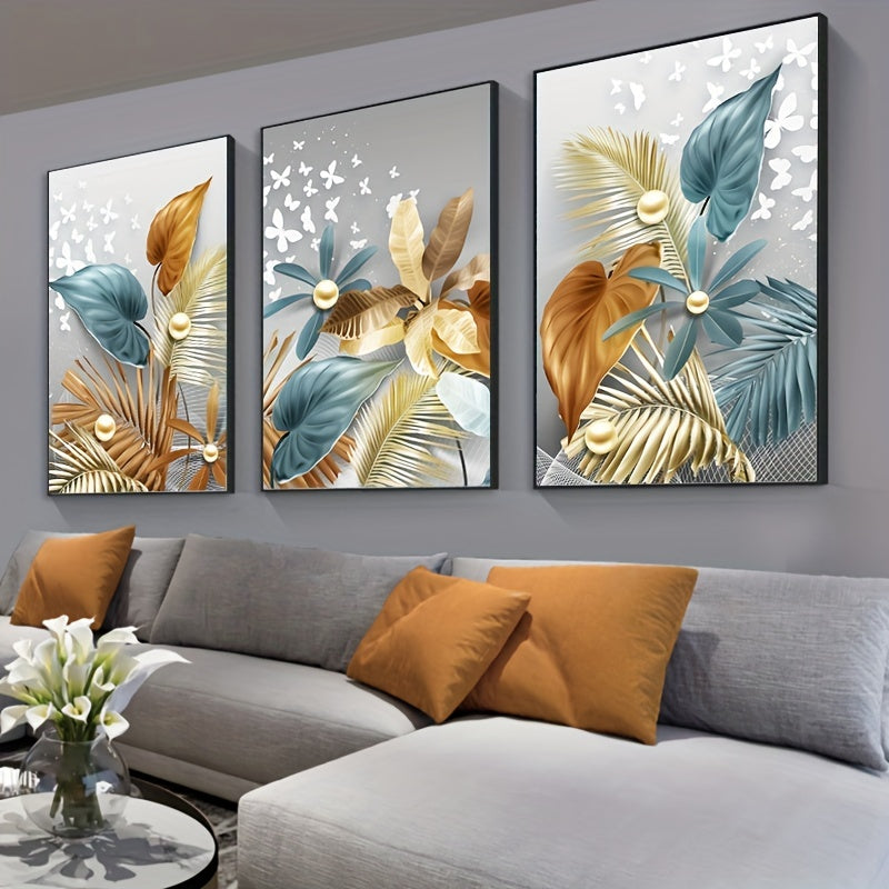 Set of 3 frameless modern golden butterfly leaves canvas paintings for living room decor, size 15.7*23.6in/40cm*60cm