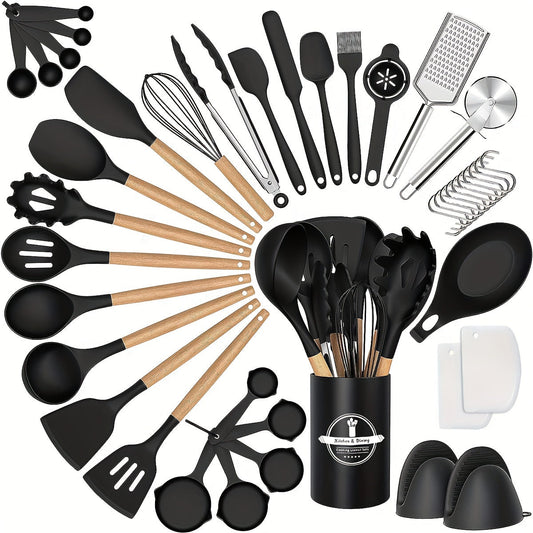 Set of 43 Silicone Cooking Utensils with Wooden Handle - Non-Stick and Heat Resistant Spatula Set for Baking, Cooking, and Mixing. Includes Holder for Best Kitchen Gadgets and Accessories.