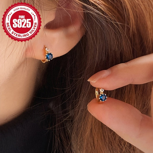 Vintage Style 925 Sterling Silver Hoop Earrings with Blue Cubic Zirconia, Elegant Pair for Women, Hypoallergenic and Ideal for Daily Wear or Gifting