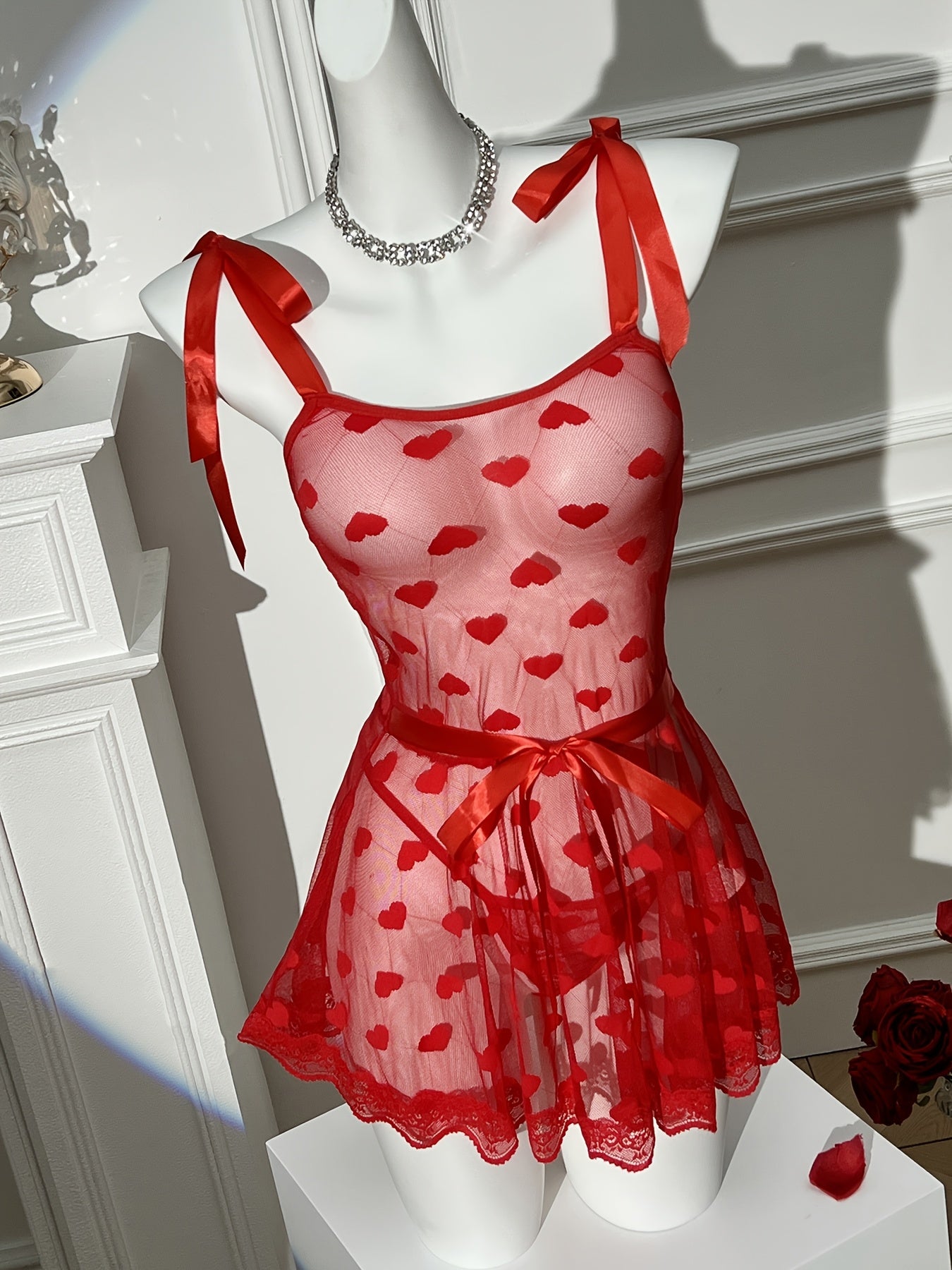 Red Mesh Dress Set with Thong