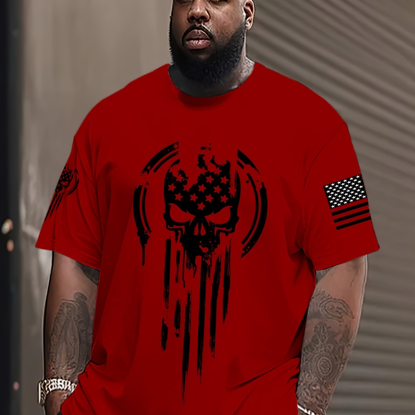 1pc Men's American Warrior Skull Military Print T-Shirt with crew neck, polyester knit fabric and slight stretch for summer wear, in regular fit and plus size.