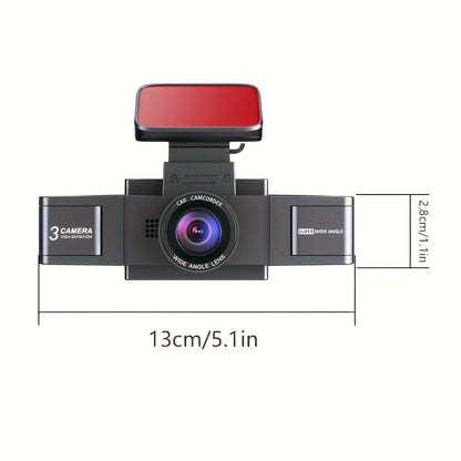 3-channel car dash cam with front, right, and left cameras, night vision, parking monitor.