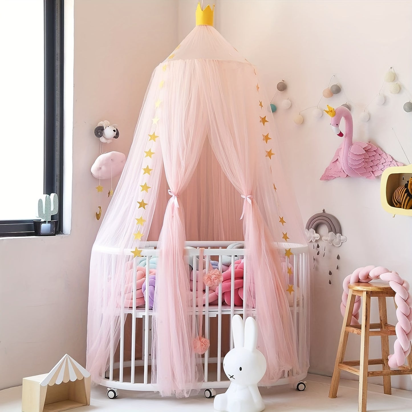 Whimsical pink princess bed canopy for girls featuring soft chiffon dome with star accents, 240.03cm height, ideal for nursery and reading corner décor.