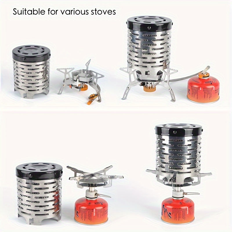 Compact stainless steel camping heater suitable for various stove heads, ideal for outdoor activities such as hiking and fishing.