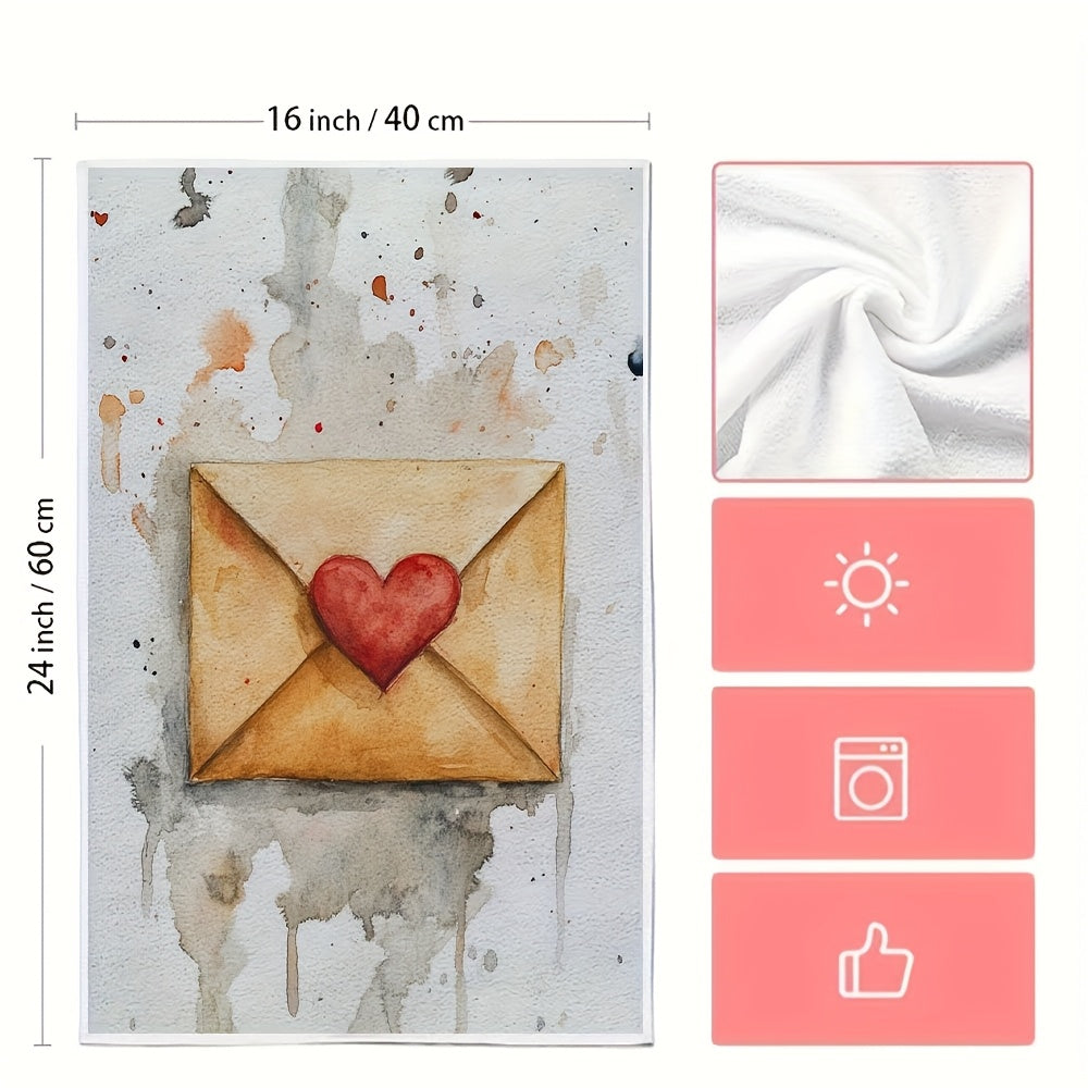 Valentine's Day Kitchen Towels Set - 2 Pieces of Ultra Soft Towels with Whimsical Heart Envelope Design. These Highly Absorbent Dish Hand Towels are Machine Washable and feature a Contemporary Style. Each towel measures 40.64x60.96 cm. Perfect for your