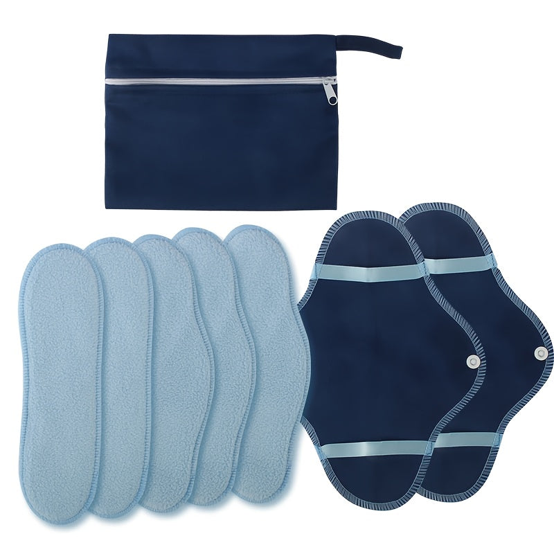 8 reusable blue polar fleece menstrual pads for daily use, waterproof and washable. Suitable for periods and as a panty liner.