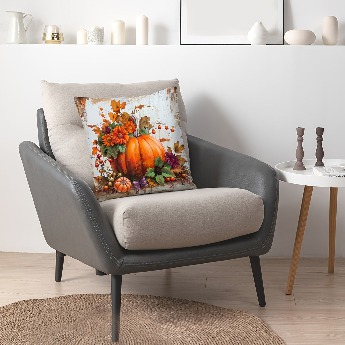 Modern 44.96cm x 44.96cm Autumnal Pillow Cover featuring Pumpkins and Sunflowers, Ideal for Home Decor in the Sofa, Living Room, or Bedroom. Single-Sided Print, Pillow Insert Not Included.