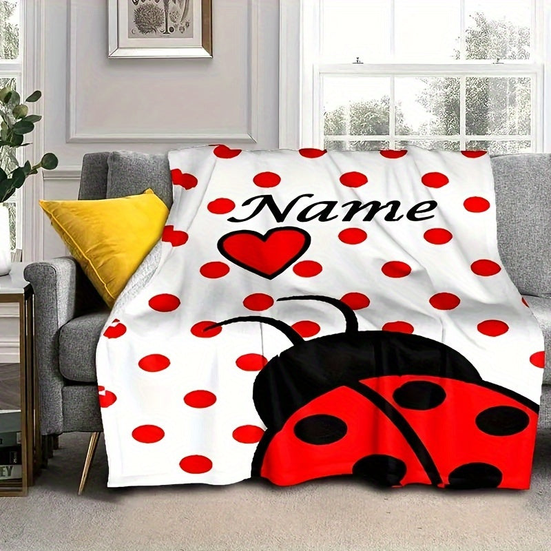 Customize your own Ladybug Print Flannel Throw Blanket with a personalized name! This cozy fleece throw is perfect for use on your sofa, bed, office, or even outdoors while camping. The all seasons cartoon style multipurpose blanket is machine washable