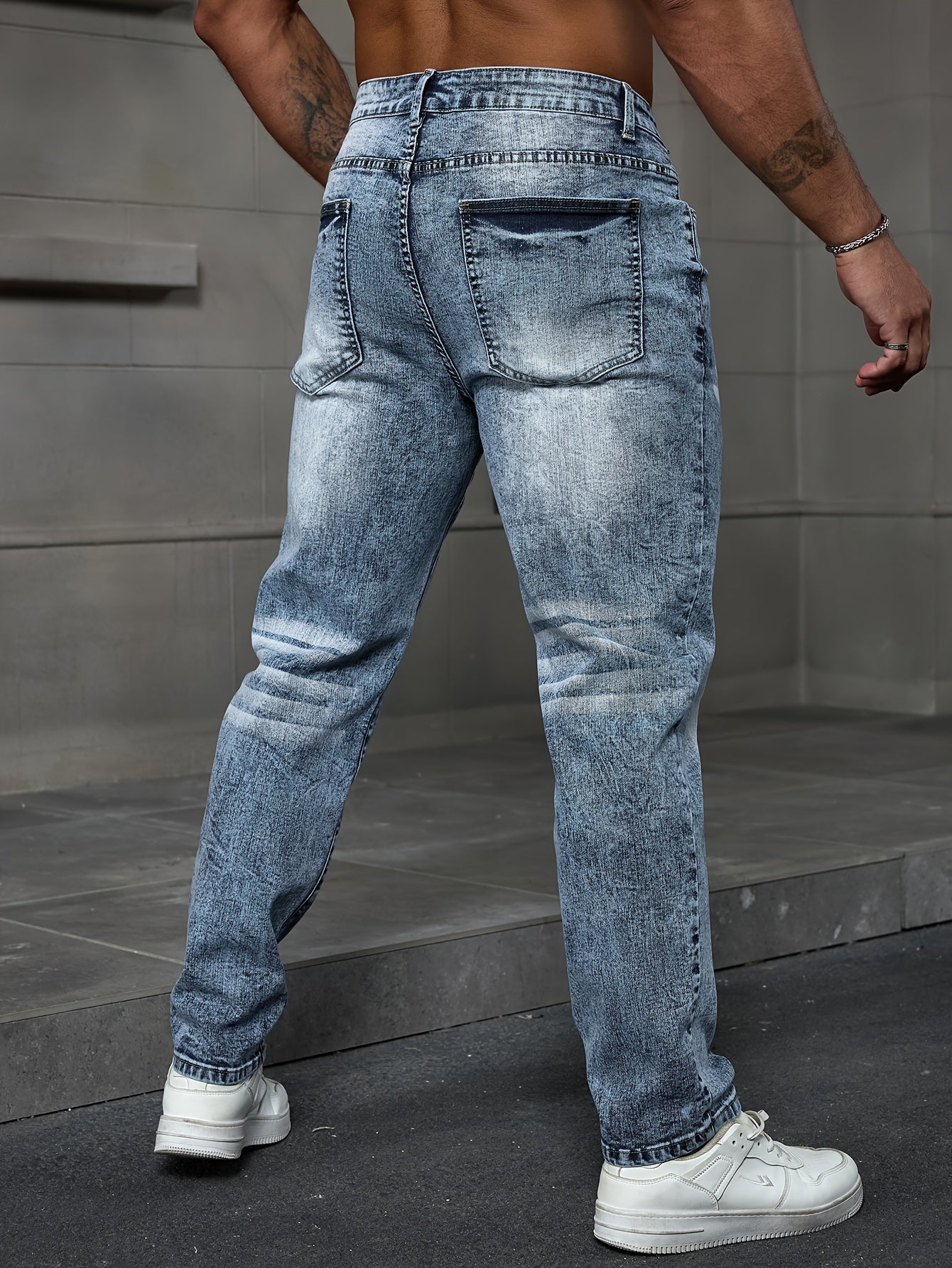 Men's plus size stretch denim jeans with snowflake detail. Casual, high-stretch, machine washable, solid color.