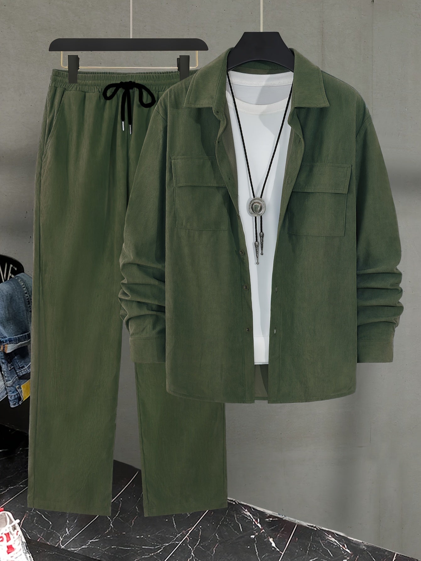 Men's 2-piece set for beach vacation: casual turned collar long sleeve shirt and drawstring pants.