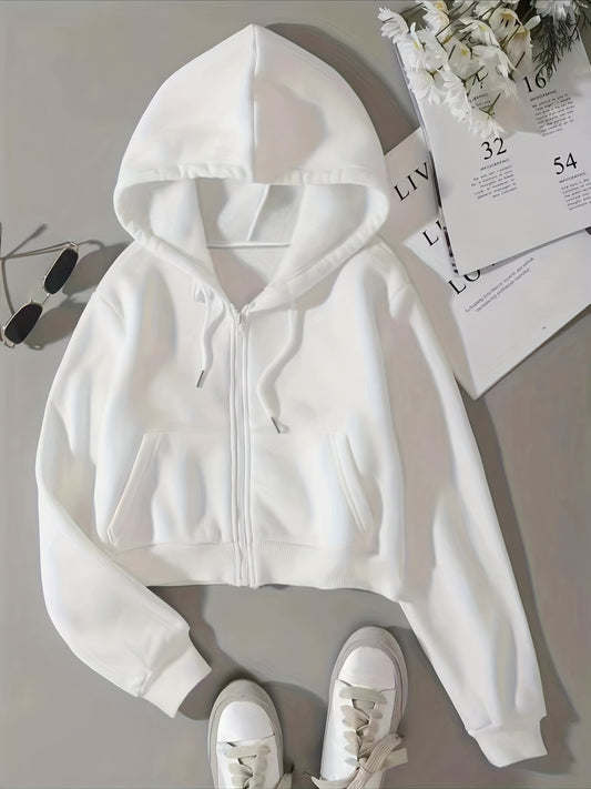 Drawstring zip-up crop hoodie with thermal lining and long sleeves, featuring a front pocket.