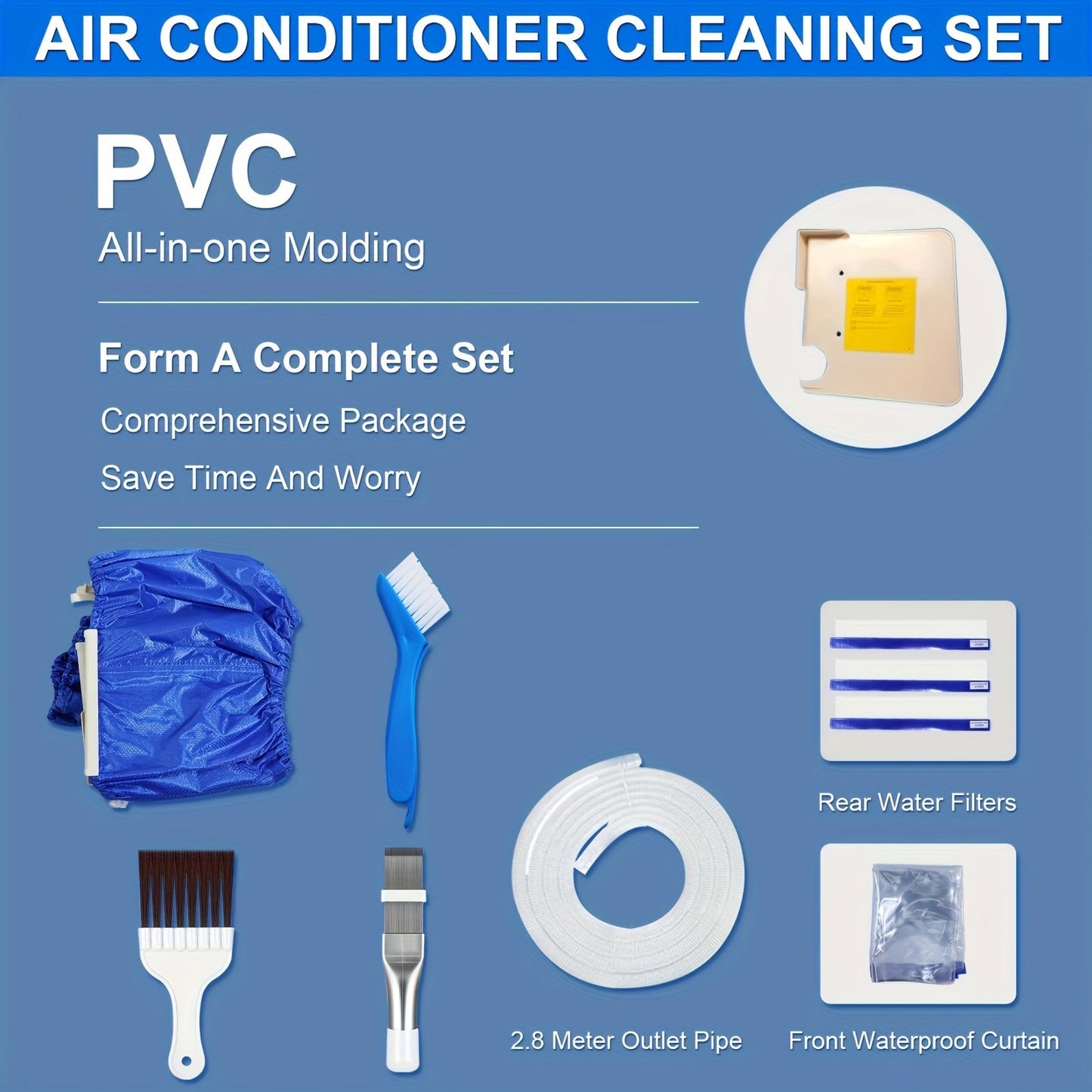 The set includes four pieces measuring 95cm/37.4inch and 130cm/51inch, designed for cleaning household large summer air conditioners. The air conditioner cleaner is equipped with a water bag and dust remover for multiple uses. It also comes with a