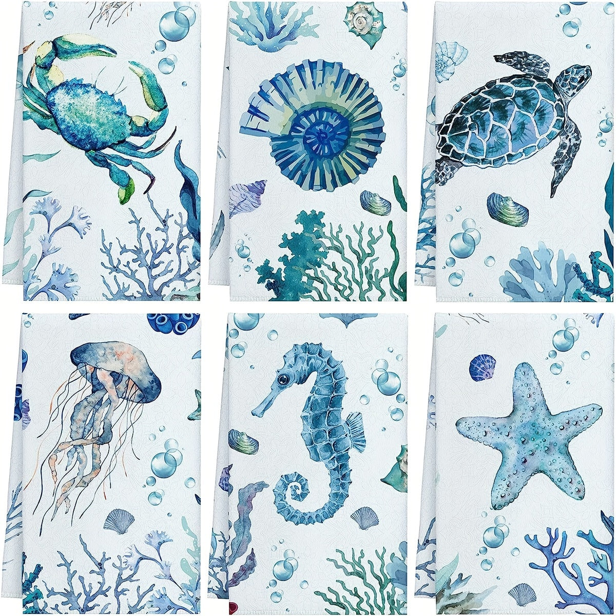 6-piece kitchen towel set featuring turtle and ocean animal design, made of ultra-soft microfiber. Absorbent and ideal for cooking, baking, and cleaning. Great for home decor, measuring 45.72x71.12 cm.