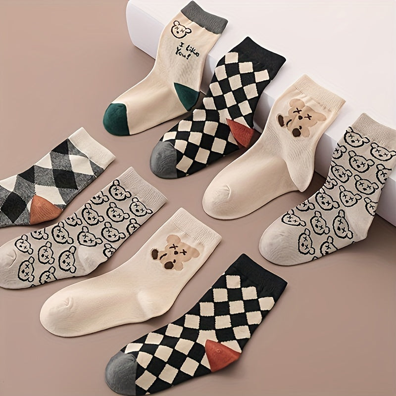 10 pairs of boys' trendy cartoon animal striped and plaid pattern crew socks, breathable and comfy for all seasons wearing.