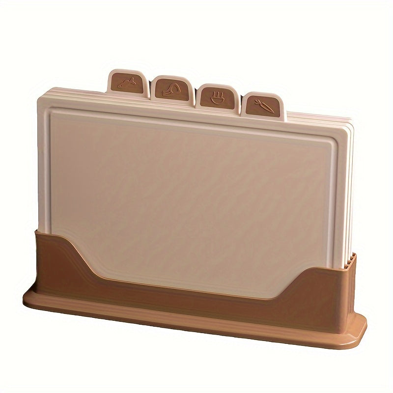 Set of four plastic cutting boards in four different colors - a versatile and creative addition to any kitchen. Made from PP plastic, this multifunctional set includes one cutting board.