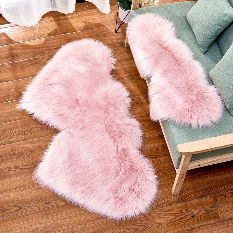 Double Heart Faux Sheepskin Rug, Heart Shaped Fluffy Rug, Soft Plush Shaggy Carpet Area Mats, Girls Bedroom Sofa Decor, Home Floor Accent