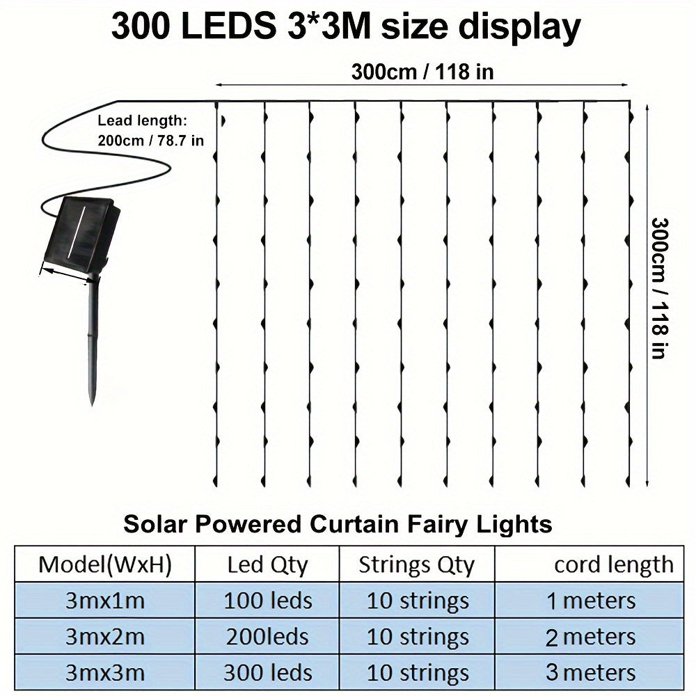 Solar powered waterfall LED string lights with 300 LEDs, 8 modes. Ideal for outdoor and indoor decor, great for camping, weddings, parties, RV, and patio. Dimensions: 298.7x298.7cm.