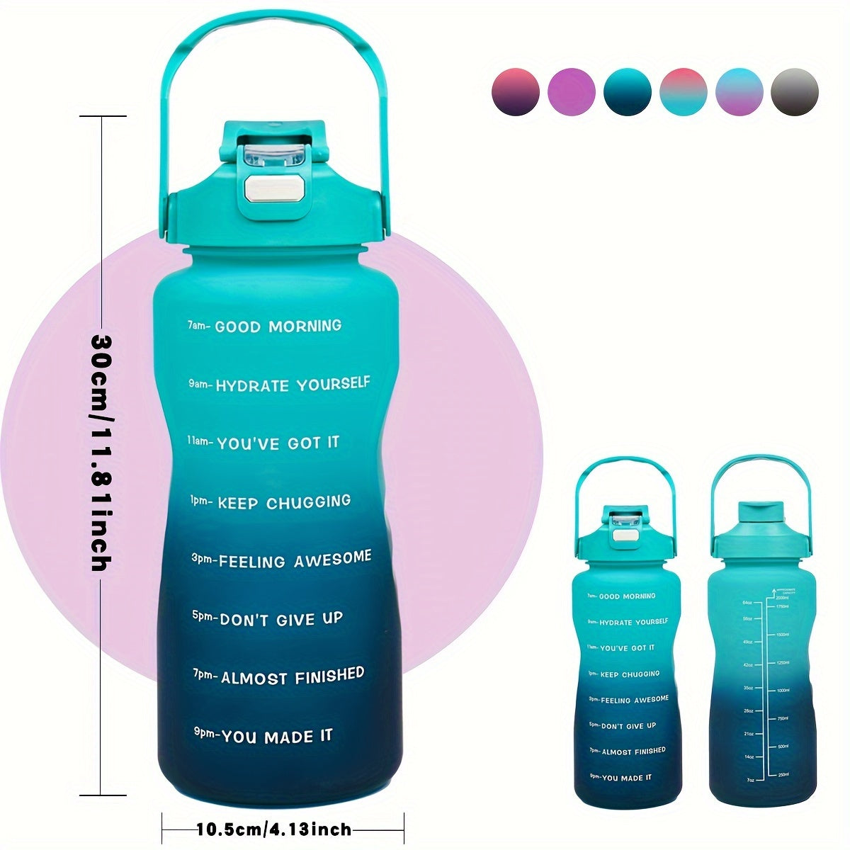 Large capacity sports water bottle with time marker, leak-proof, BPA & PVC free, ideal for running and fitness, includes detachable handle. Perfect for holidays like Christmas, Halloween, and Easter.