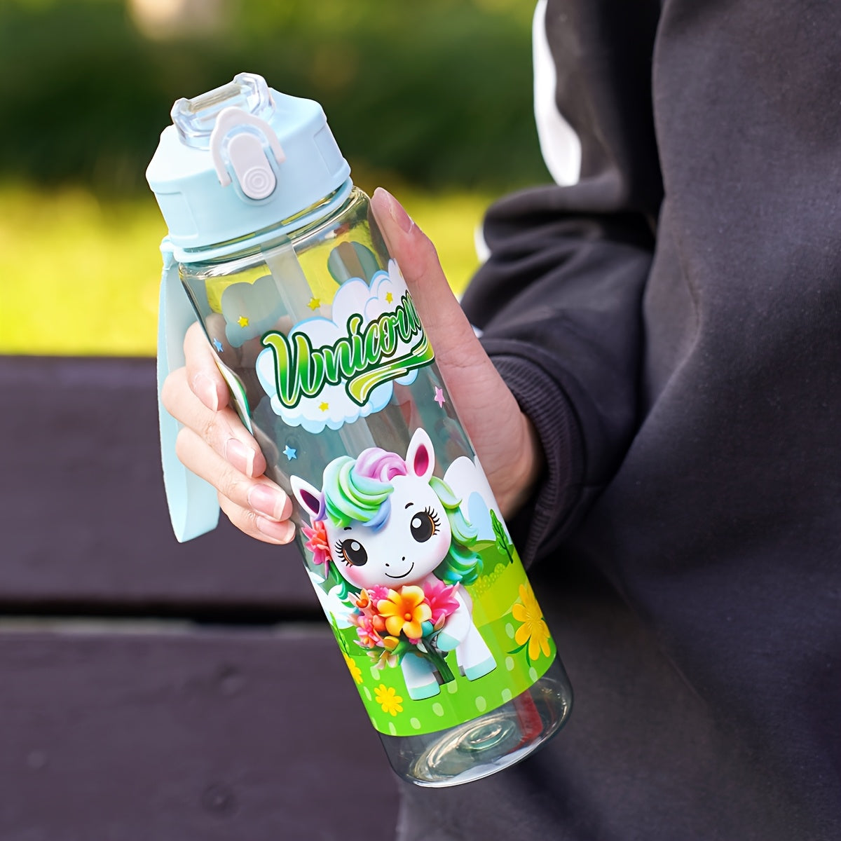 Pony-themed 25oz leakproof water bottle with straw is ideal for camping, travel, and fitness. Durable plastic, PVC-free, perfect for Christmas and Halloween. Hand wash only.