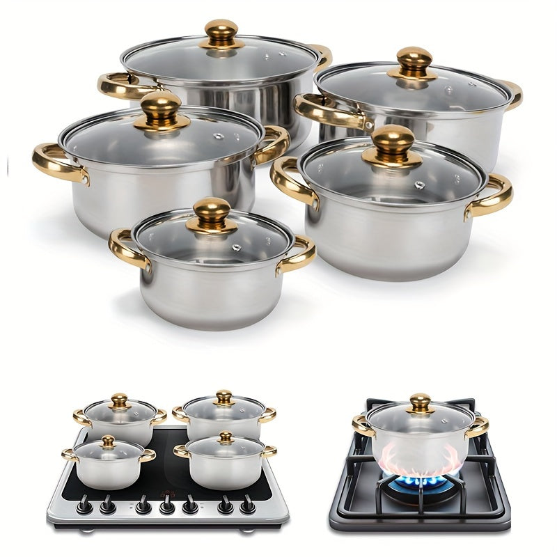 Upgrade your kitchen with the ITechjoy 10-piece Stainless Steel Cookware Set, complete with matching lids for each pot. This versatile set is perfect for soups, stews, noodles, and more. With a durable construction and induction compatibility, these