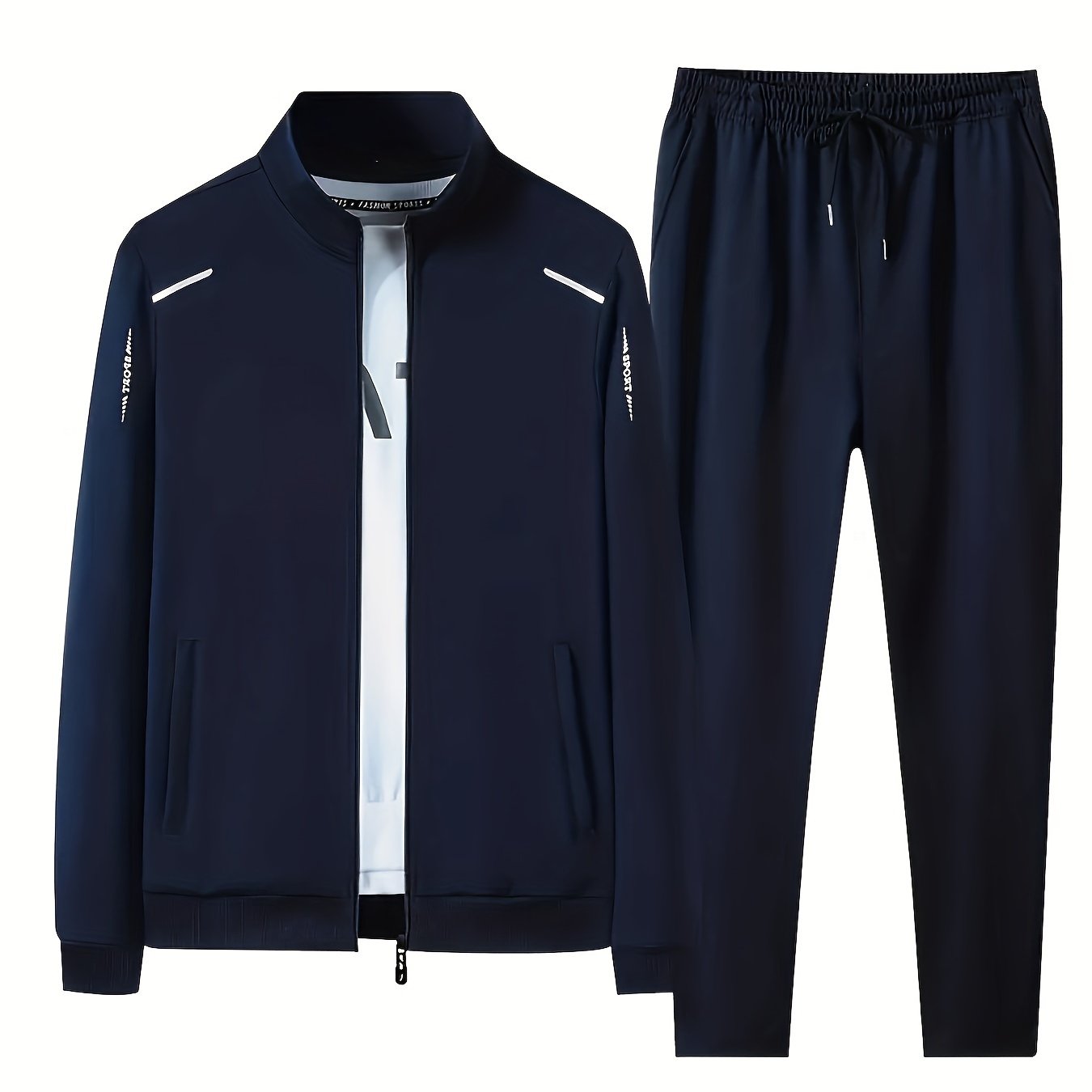 Men's casual sportswear set featuring a polyester zip-up jacket and drawstring joggers with pockets. Includes long sleeves, letter print, non-transparent material, and an all-season comfort