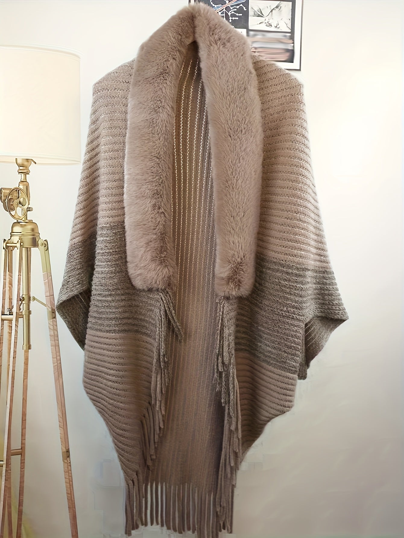 Stylish asymmetrical shawl with faux fur collar, perfect for daily wear and parties in all seasons.