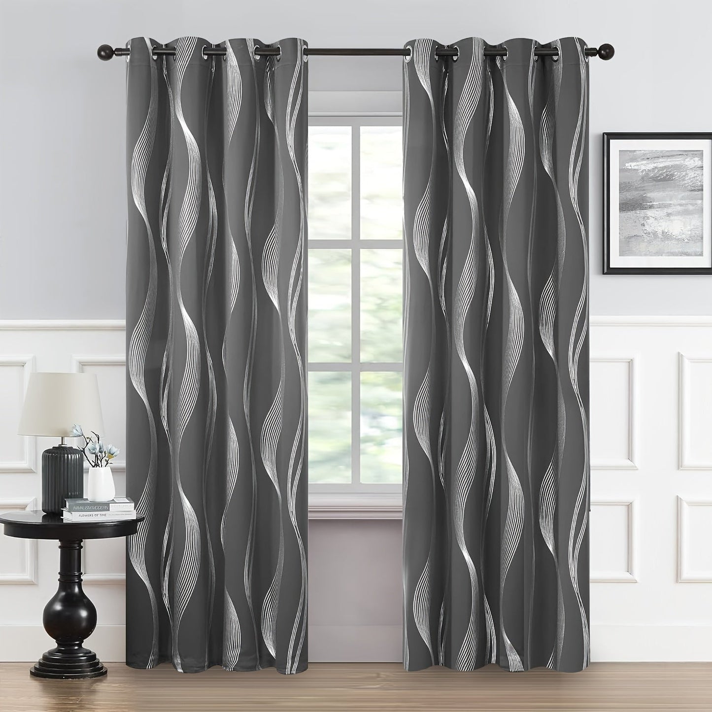 Two pieces of contemporary blackout curtains made from high-quality woven polyester, featuring a grommet top design for easy hanging. These room darkening drapes are machine washable and showcase a fantasy stripe pattern with eyelet detailing. Suitable