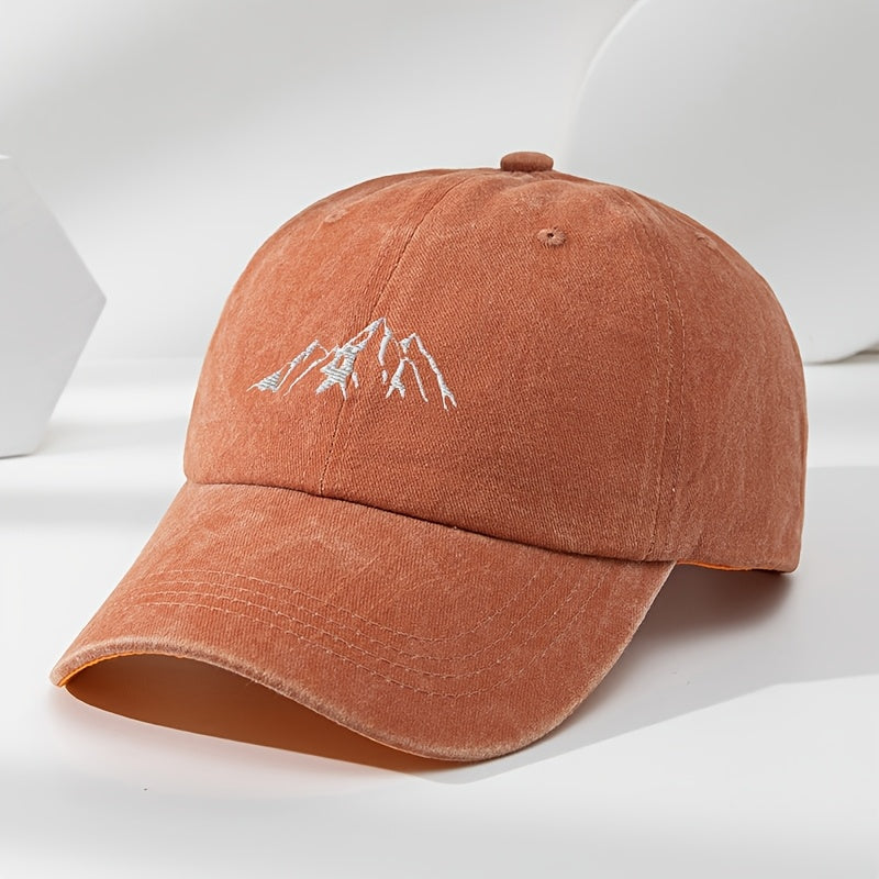 High-quality polyester baseball cap with mountain peak embroidery. Adjustable and breathable, ideal for outdoor activities.